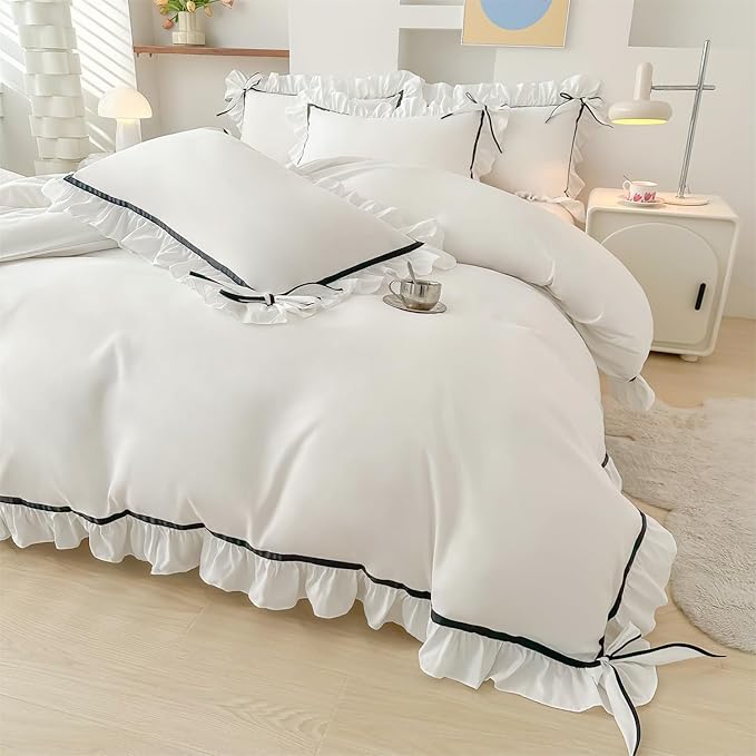 Ruffled Bedding Bow Duvet Cover Set with Butterfly Tie, Soft Brushed Microfiber Shabby Chic Bedding Set with Zipper Closure for Kids Girls-White,Full