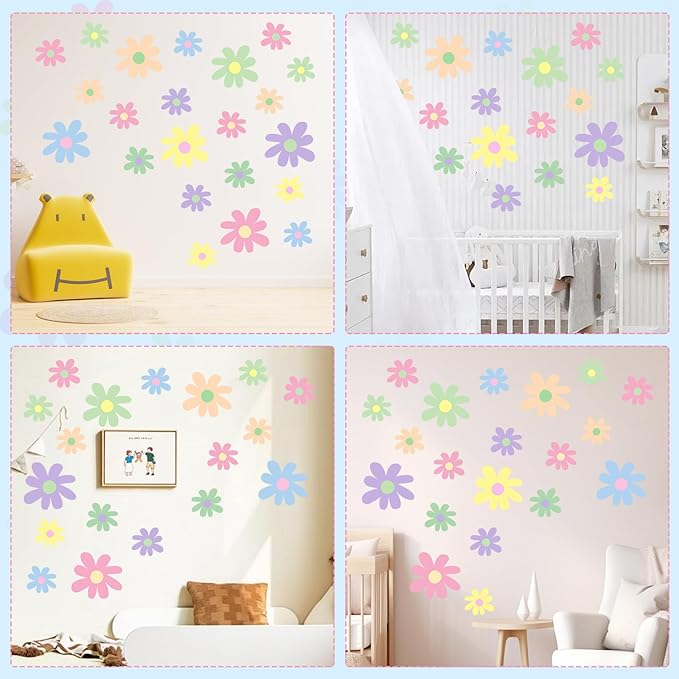 12 Sheets Daisy Wall Decals, Pastel Style Flowers Wall Stickers, Vinyl Peel and Stick Cute Boho Floral Decals, Large Daisy Floral Wall Decor for Girls Teens Nursery Bedroom Living Room