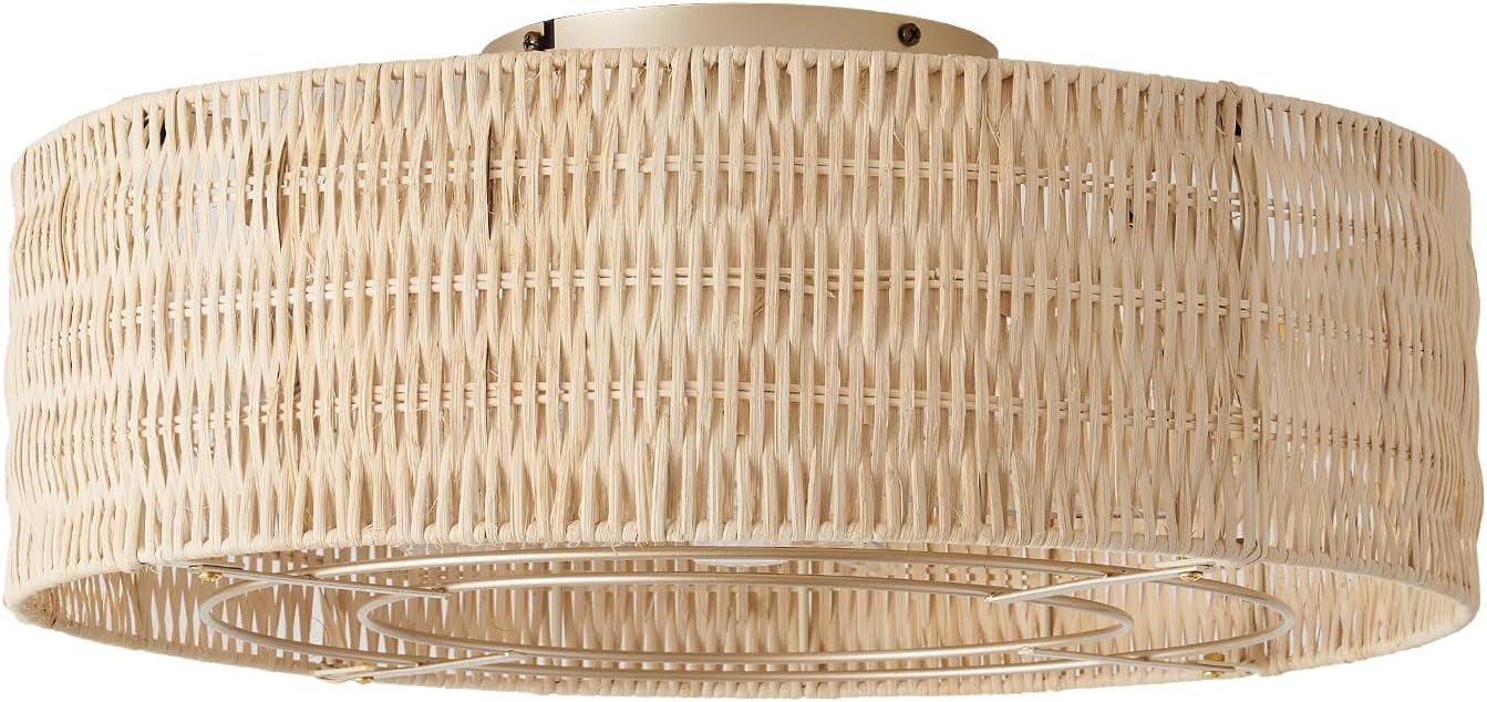 Low Profile Ceiling Fans with Lights, 20" Boho Rattan Ceiling Fan with Light Flush Mount and Remote Control, Drum Caged with 6 Speeds for Bedroom, Nursery, Living Room (Beige)