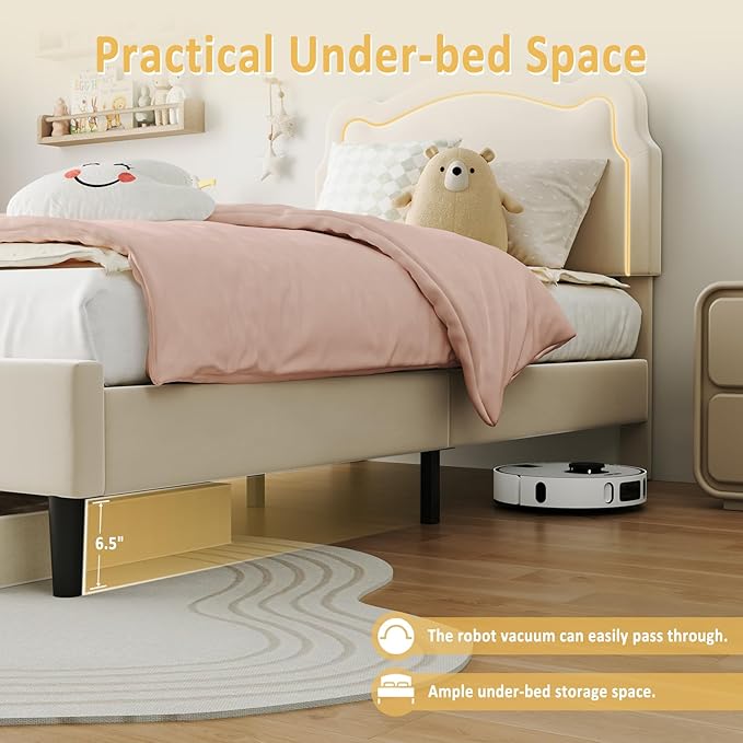 GarveeHome Twin Upholstered LED Bed Frame with Headboard, Velvet Princess Platform Bed Frame for Kids, Wooden Slats Support, No Box Spring Needed (Beige, Twin)
