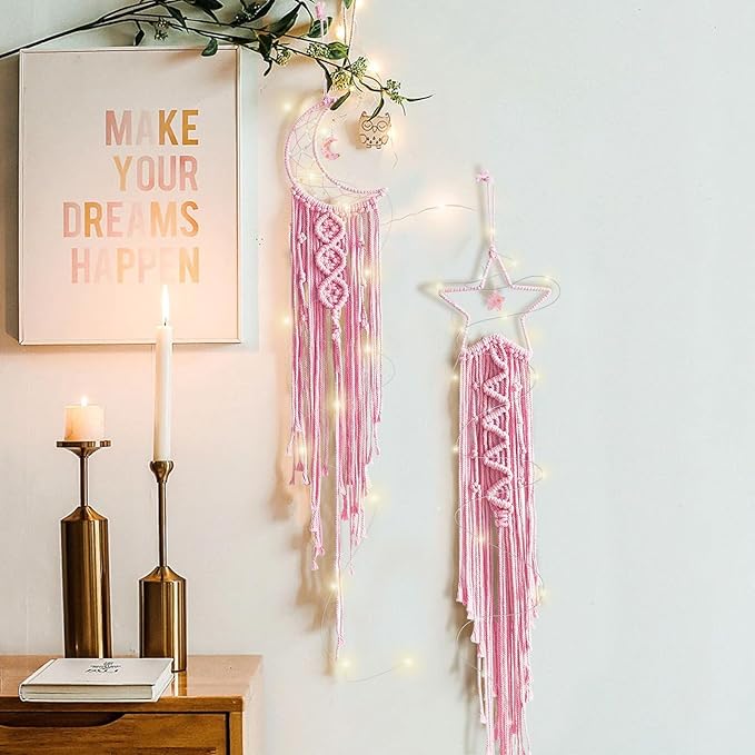 Moon Star Dream Catcher Decor,2pcs Boho Home Moon Star Dreamcatcher,Macrame Wall Hanging Boho Home Decor for Kids Baby Bedroom Decoration for Women Girls Craft Pink