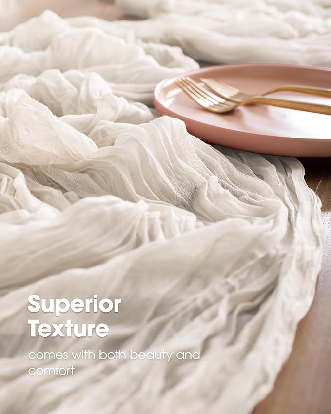 Pureegg 2-Pack Cheese Cloths Table Runner, 120'' Boho Table Cloth Decorations for Party, Baby Shower, Wedding and Farmhouse, Fabric Room Decor, Ivory