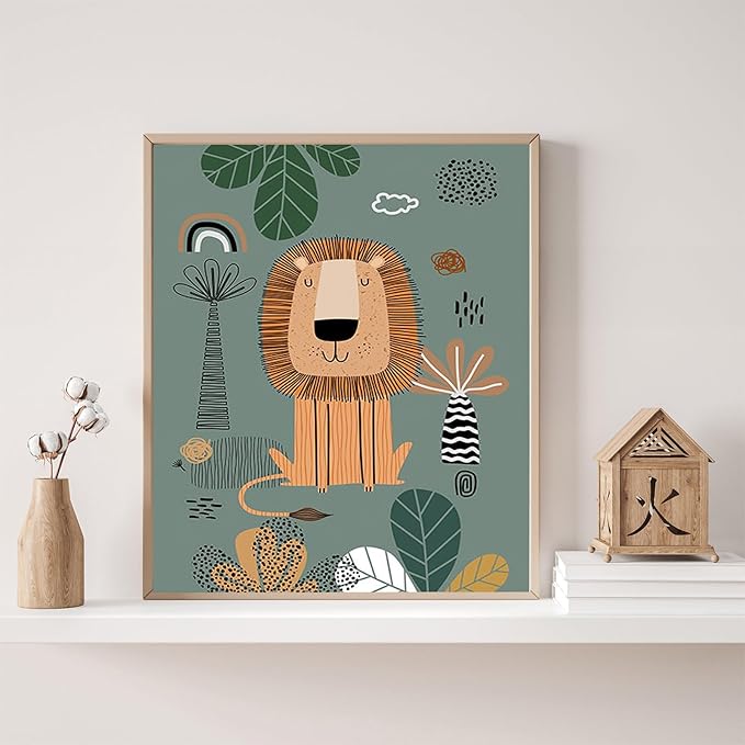 Boho Animal Wall Art Prints for Nursery & Kids Room - 3-Piece Set of Cute Wildlife Decor (Giraffe/Lion/Zebra), Vintage Style Wall Decorations, 12x16 inch Unframed, Adds Warmth & Vibrancy to Bedroom/Home
