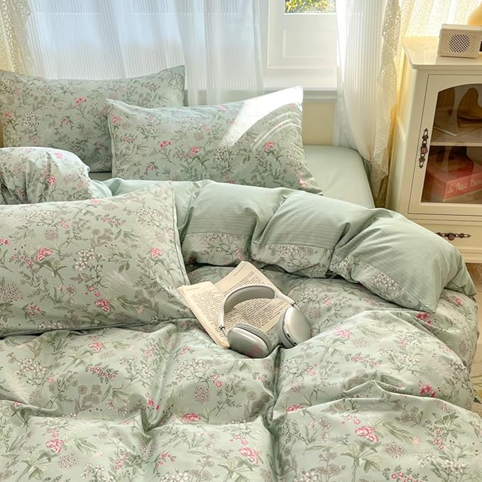 Duvet Cover King 3Pcs Green Pink Floral Bedding Set for Girls Kids Botanical Flower Bedding Reversible Striped Pattern Soft Microfiber Sage Green Bedding with 2 Pillowcases(No Comforter)
