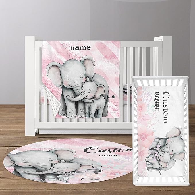 Custom Baby Crib Bedding Set - Pink Elephant Design Personalized Name Baby Nursery Bedding 3 Pcs Set - Chic Soft Blanket, Fitted Sheet, Room Rug for Newborns Boys Girls Gifts