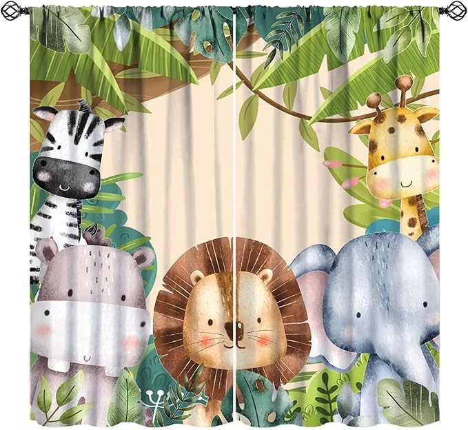 Jungle Animals Curtains Colorful Forest Cartoon Wildlife Lion Giraffe Elephant for Kids Boys Girls Nursery Bedroom Living Room Blackout Rod Pocket Decoration Window Drapes 2 Panels W21xL54in