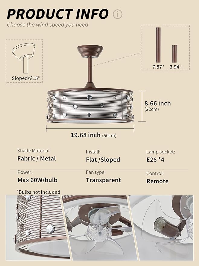 20" Farmhouse Fandelier Ceiling Fan with Light, Rustic Chandelier Ceiling Fans with Lights Remote Control, Caged with 6 Speeds for Bedroom, Living Room, Nursery