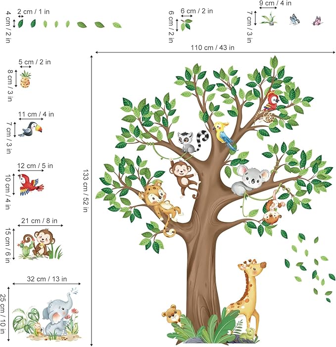 decalmile Large Jungle Animal Tree Wall Decals Giraffe Koala Leopard Safari Wall Stickers Baby Nursery Kids Bedroom Toddler Room Wall Decor