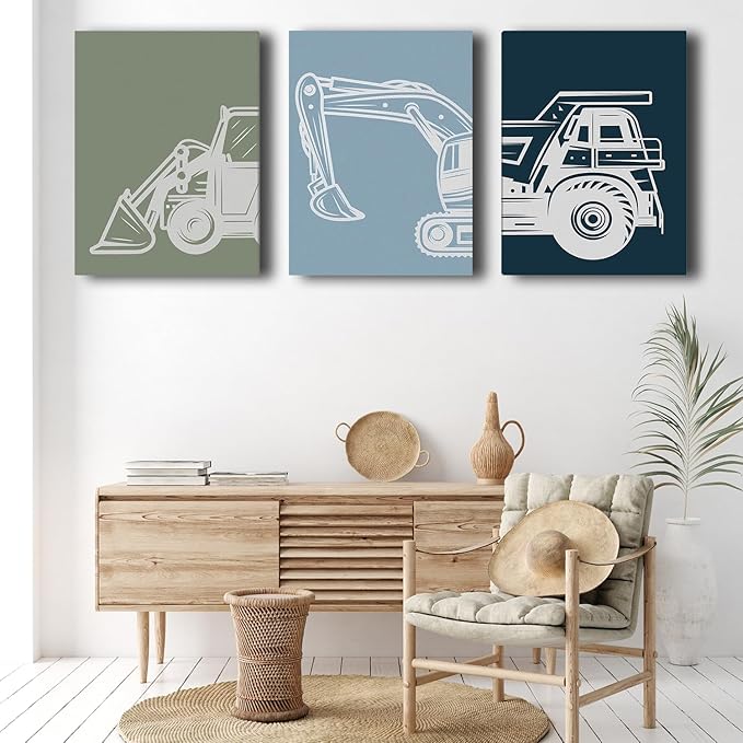 Shwing Framed Toddler Boys Room Decor - Construction Truck Wall Art Set, 12"x16" 3Pcs Set