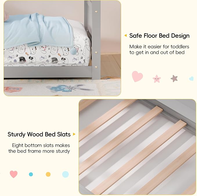 Twin House Bed, Montessori Floor Bed with Headboard & Footboard, Solid Wood Bed Frame for Toddlers Teens Bedroom, No Box Spring Needed, Grey