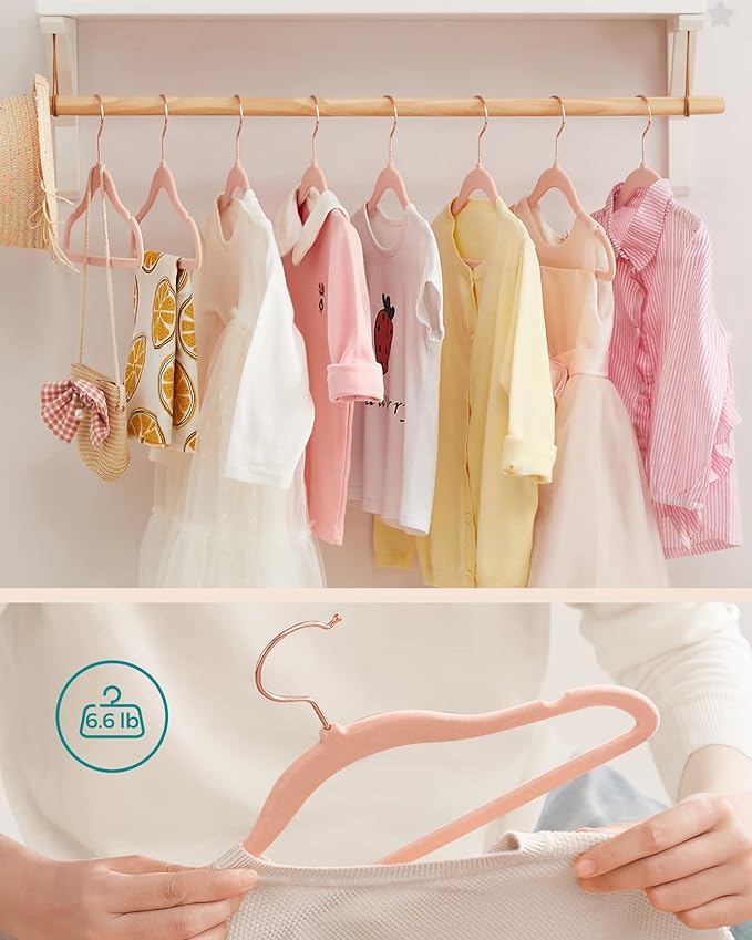 SONGMICS Baby Kids Hangers 50 Pack for Closet, 11.8 x 8.1 Inches, Rose Gold 360° Swivel Hooks, Space-Saving Clothes Velvet Hangers for Nursery, Non-Slip, Jelly Pink UCRF027P01