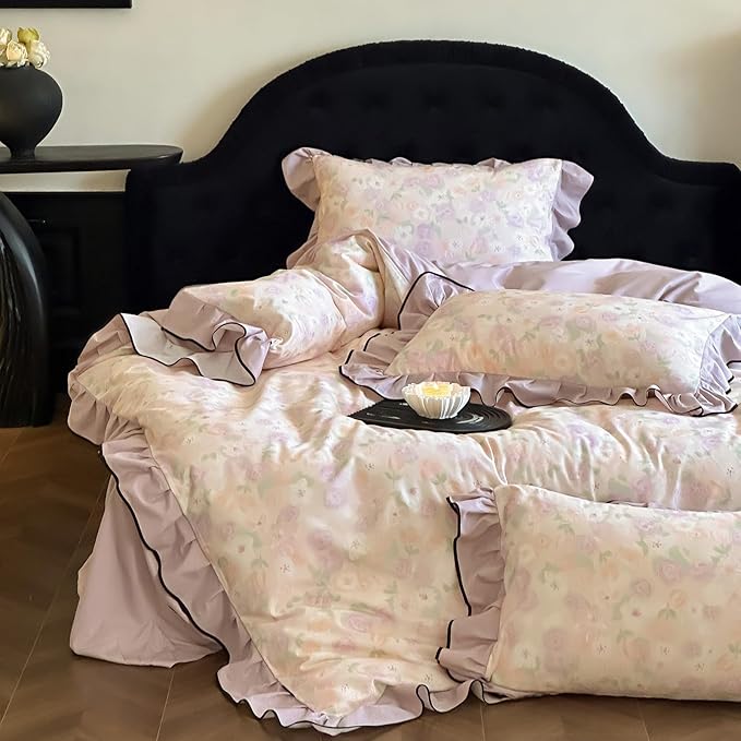 HighBuy Ruffle Duvet Cover Full Size,Farmhouse Purple Floral Brushed Cotton Durable Bedding Comforter Cover with 2 Ruffle Lace Pillowcases,Chic Cottagecore Natural French Style,Full