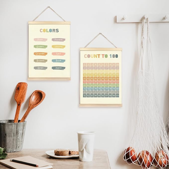 CGBHW Boho Educational Poster Hanger Frame Set of 2, Color Count to 100 Number Learning Posters Wall Art Hanging Decor for Classroom Nursery Kids Room Playroom Preschool，12x16Inch