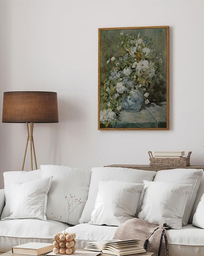 ARPEOTCY Framed Canvas Print Wall Decor, Vintage French Flower Spring Botanical Wall Art Home Decor, Ceramic Vase Floral Farmhouse Large Oil Painting for Living Room, Office Decoration, 16x24 inch