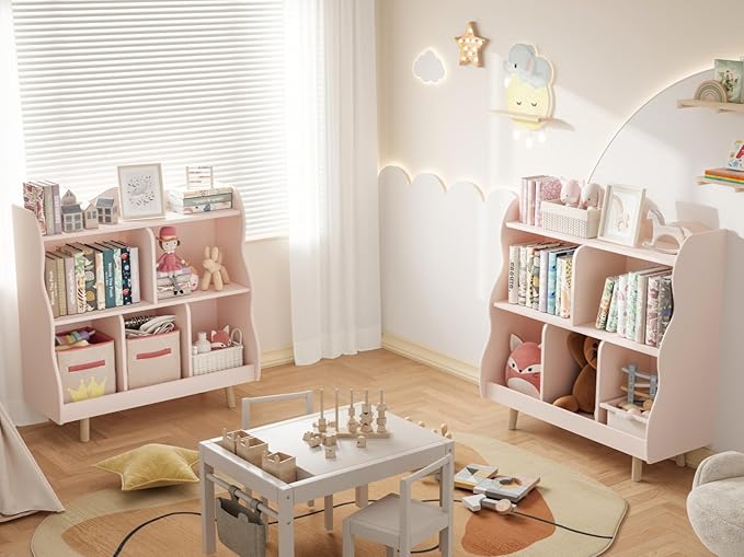Treocho Kids Bookshelf and Toy Storage Orangizer, 3-Tier Wooden Children's Bookcase with Curve Design, 5 Cubbies Toy Storage Cabinet Display with Legs for Children's Room, Playroom, School, Pink