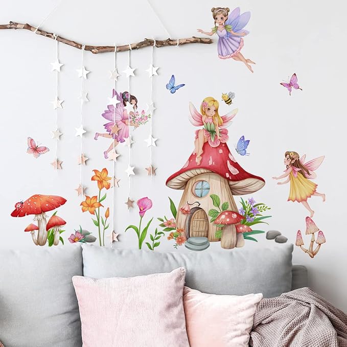 Fairy Girls Wall Decals Mushroom with Flowers Butterfly Wall Stickers for Baby Nursery Girls Bedroom Wall Decor