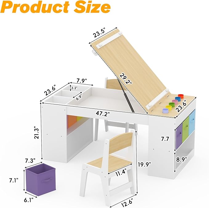 Kids Art Table and 2 Chairs Set, Wooden Craft Desk with 2 Storage Shelves, 6 Storage Bins & Paper Roll for Drawing, Learning and Reading, Toddler Activity Play Desk for Home, 47 L x23 W