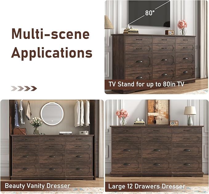 70inch Large Long Dresser w/Charging Station,12 Drawer Dresser w/Deep Big Drawers,Wooden Chest of Drawers w/Power Outlet,White Dressers for Bedroom,Living Room,Entryway,Rustic Brown