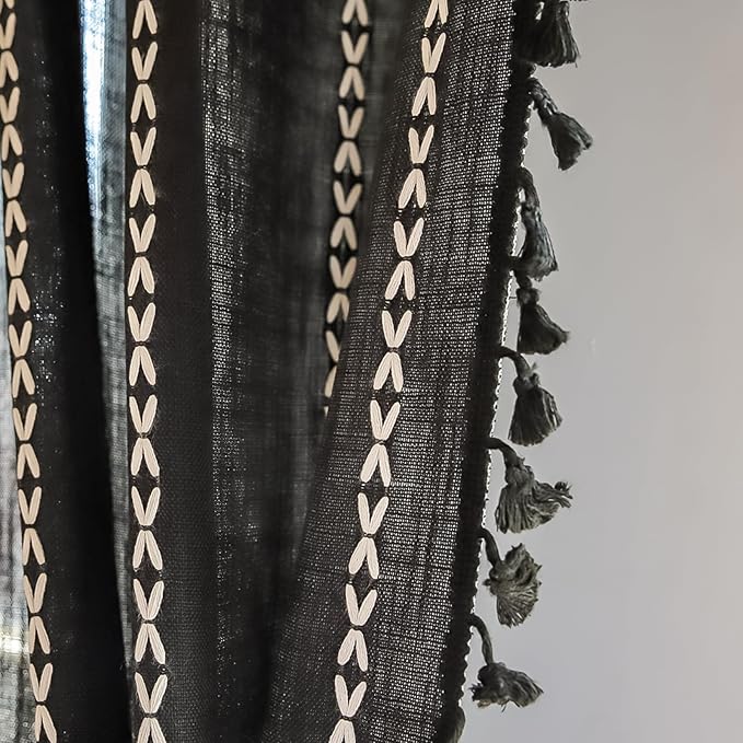 Deeprove Black Boho Curtains 72 inches Long for Bedroom, Vintage Bohemian Embroidery Farmhouse Cotton Linen French Country Tassel Window Treatments Gothic Halloween Decor, W52 x L72, 1 Panel