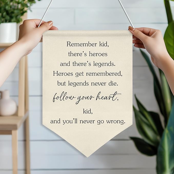Follow Your Heart Inspirational Wall Banner,Heroes and Legends Quote Canvas Flag, Boys Room Motivational Wall Poster Decor, Gift for Kids Nursery Playroom or Graduation 11x16inch(KD27)