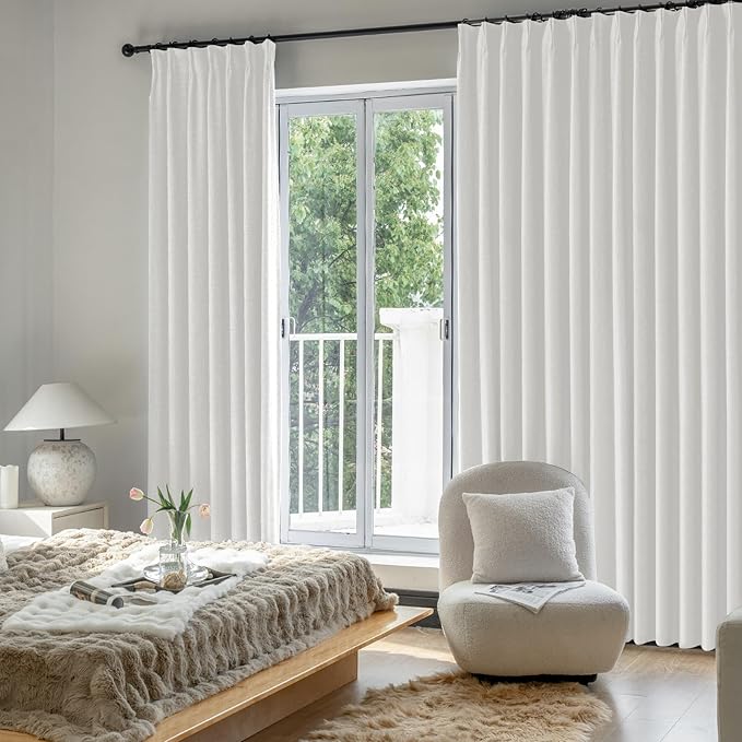 IVAPUPU Pinch Pleated Linen Blend Blackout Curtains for Bedroom - Ivory Full Black Out Curtains 95 Inch 2 Panels Set for Living Room Darkening Thermal Window Curtain Drapes with 16pc Hooks