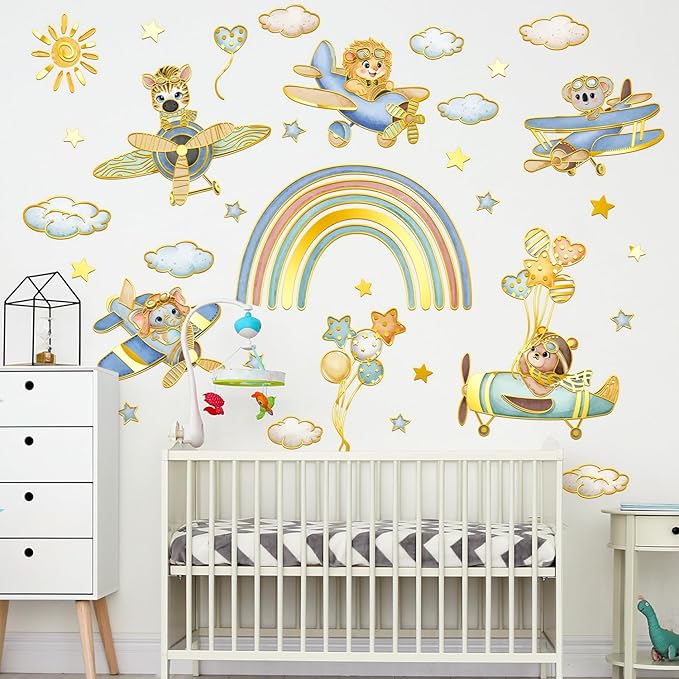 Animal Rainbow Wall Stickers Airplane Animals Wall Decals Stars & Clouds Peel and Stick Decal for Kids Rooms Nursery Playroom Walls (Rainbow Airplane)