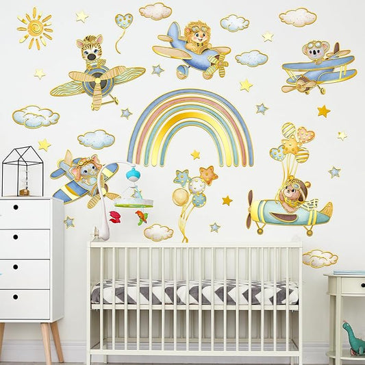 Animal Rainbow Wall Stickers Airplane Animals Wall Decals Stars & Clouds Peel and Stick Decal for Kids Rooms Nursery Playroom Walls (Rainbow Airplane)