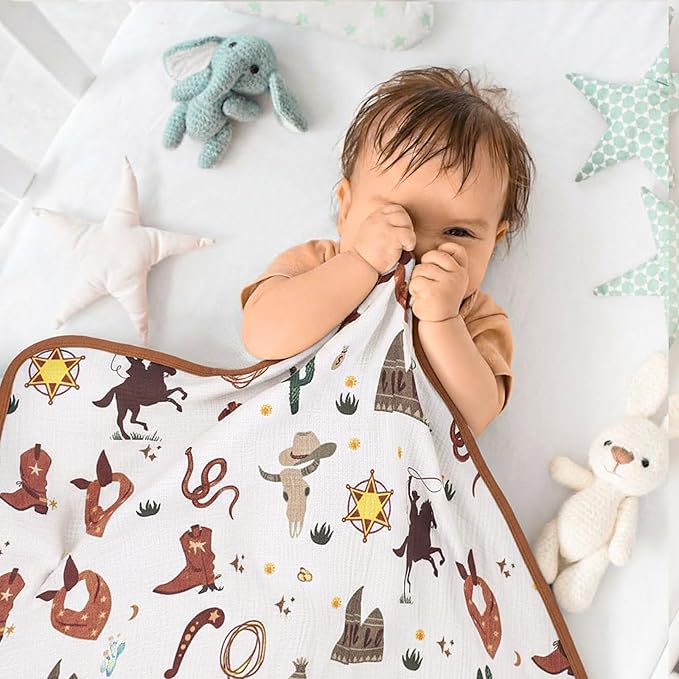 Breling Western Cowboy Muslin Baby Blankets for Girls Boys, 100% Cotton Crib Blanket for Infant Toddler, 40 x 36 Inch Soft and Lightweight Nursery Swaddling Wrap