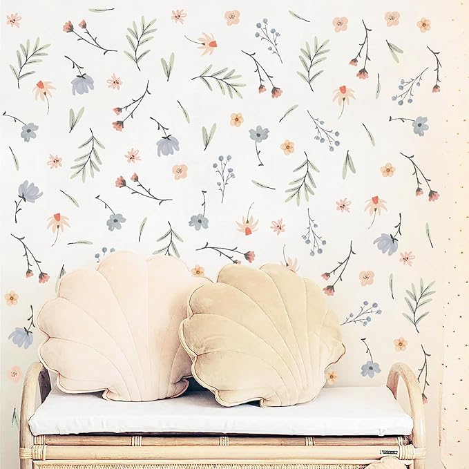 Boho Floral Wall Decals Small Flower Leaf Wall Sticker Botanical Plant Green Leaves Wall Decals Removable Tree Leaf Decal Boho Floral Stickers for Nursery Girls Room Bedroom Decor