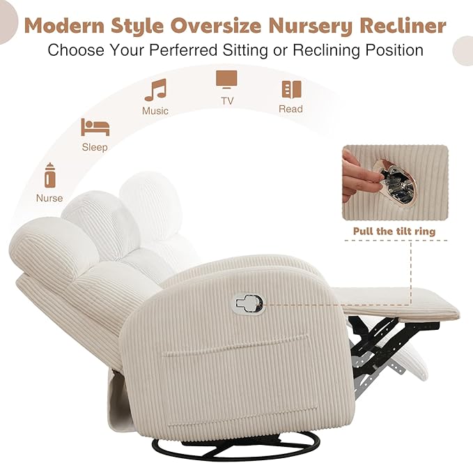 Swivel Recliner Rocker Nursery, Nursering Glider Recliner, Manual Swivel Rocking Reclining with Double Pockets for Living Room, Corduroy Cream White