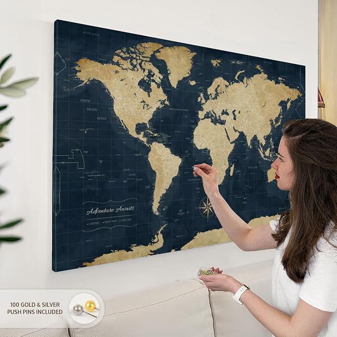 ElephantStock - Adventure Awaits World Map With Push Pins Wall Art - Horizontal Canvas Wall Art - Living Room Wall Decor - Digital Art Map Canvas Art - Gold And Blue Decor - 48" x 32"