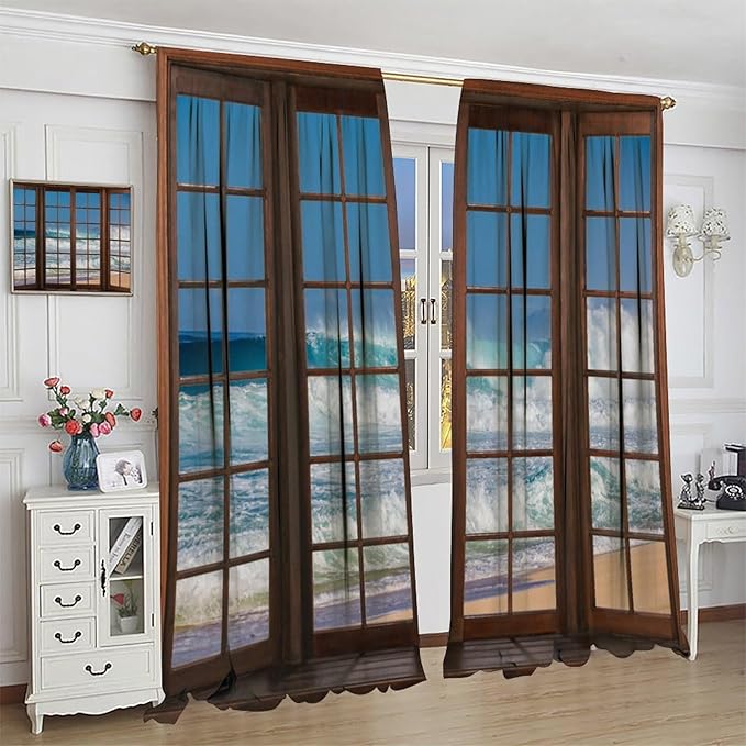 Ocean Beach Curtains,Waves Crashed Beach Hawaiian Seaside Scene Pattern Blackout Print Home Bedroom Living Room Window Treatments 2 Panel Set 63x72 Inch