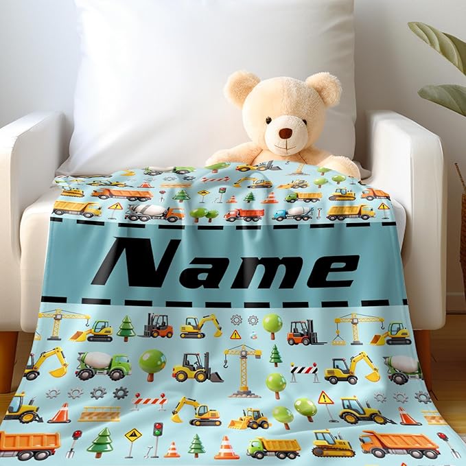 Ship Next Day, Personalized Truck Blanket - Printed in USA, Custom Name Blankets for Kids with Engineering Vehicle, Home Bedding Bed Decor, Fun Birthday Gift for Boys&Girls Women Man