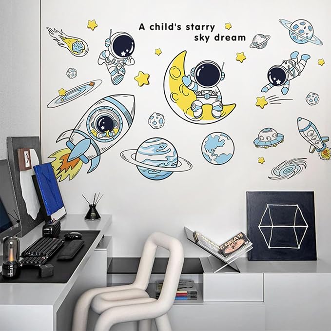 Space Decor Astronaut Wall Stickers - Space Theme Bedroom Classroom Playroom Murals & Decals - Wall Decals for Boys Girls Room - Outer Space Wallpaper With Planets