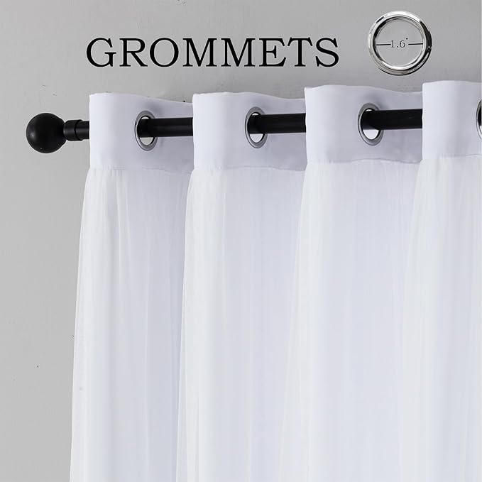 INLINAS Greyish White Blackout Curtains with Sheer Overlay - Grommet Top Thermal and Noise Reduction Panels for Bedroom and Living Room Light Blocking and Energy Saving, 52 x 84 Inches, Set of 2