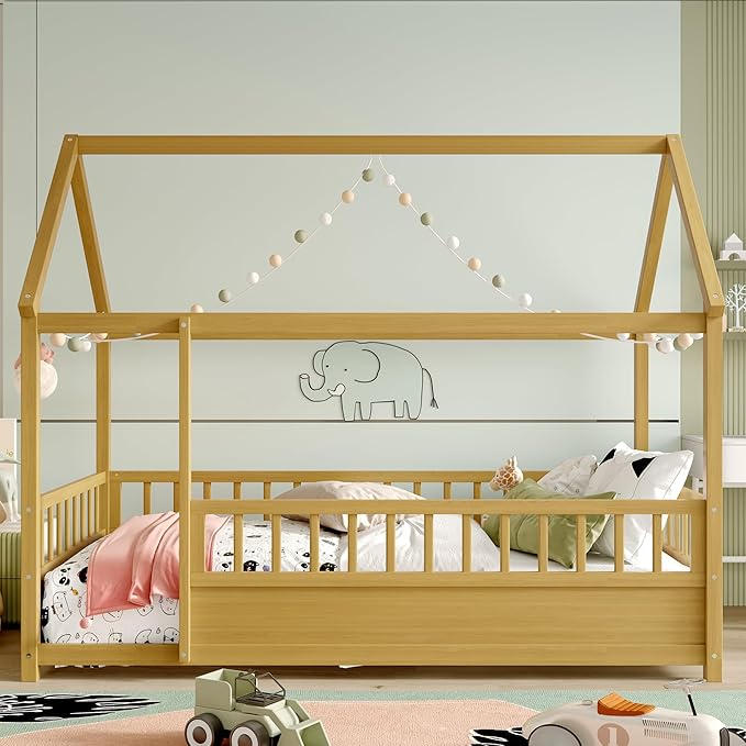 Ball & Cast Twin Size House Bed Frame,Montessori Floor Bed with Safety Fence and Roof for Kids,Wood Platform Bedframe W/Open Door for Girls Boys,Bedroom,Playroom,Easy Assembly,Natural