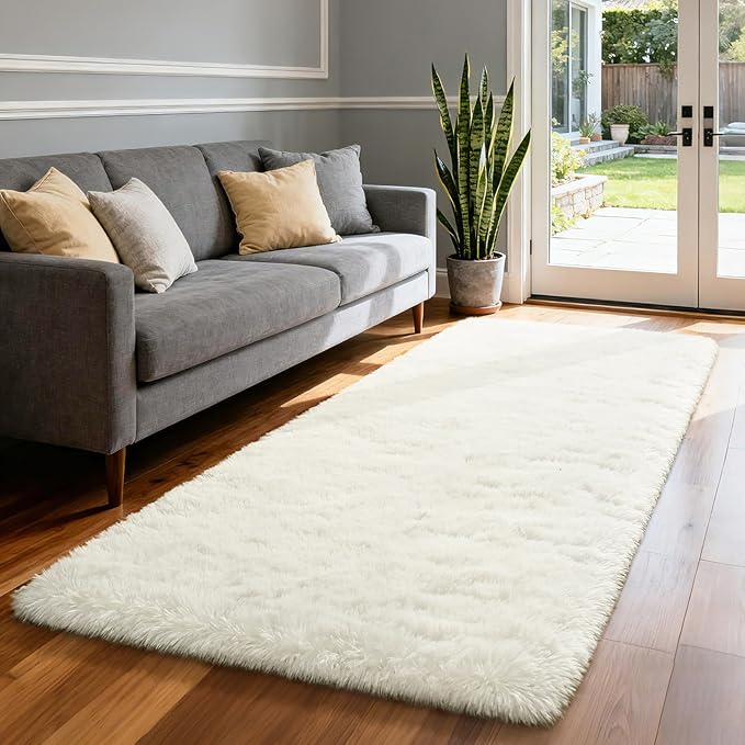 Merelax Soft Area Rug Fluffy Rugs for Living Room Bedroom, 2x8 Runner Rug for Hallway, Shag Furry Bedside Rug Non-Slip Plush Nursery Kids Room Dorm Indoor Floor Carpet, Ivory
