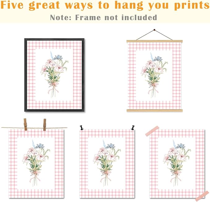 JINYO Pink and White Checkered Floral Wall Art Prints Set of 4, Floral Room Decor, Coquette Bow Pink Plaid Abstract Flower Posters Pictures Wall Decor for Girls Bedroom Dorm, 8x10 Unframed