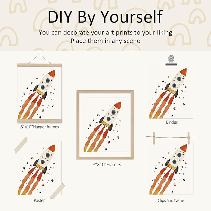 VONTP Space Animal Nursery Kids Wall Art Decor, Space Rocket Planet Lion Zebra Nursery Prints Poster Wall Decorations for Kids Girls Boys Toddler Room Bedroom Playroom, 8x10 Inch Set of 4 (Unframed)