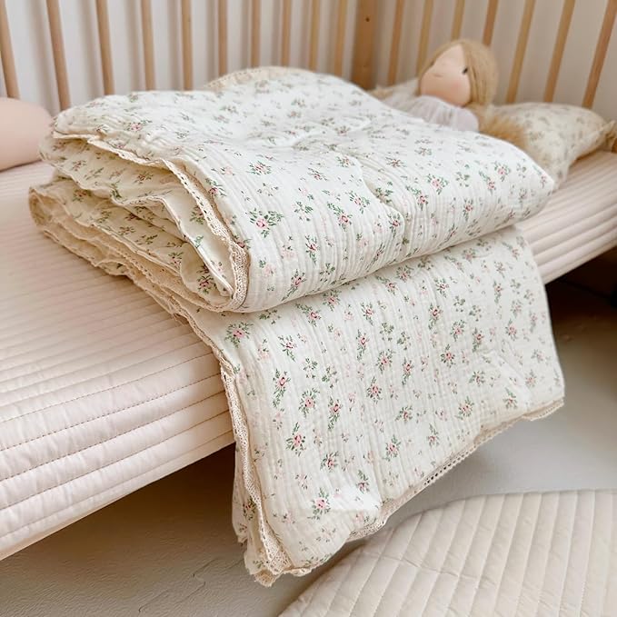 BuLuTu Muslin Cotton Kids Comforter with Lace Edge, Chic Shabby Floral Print Toddler Quilts, Soft Lightweight Baby Crib Quilted Blanket, Pomegranate Pattern, 47"x59", All Seasons