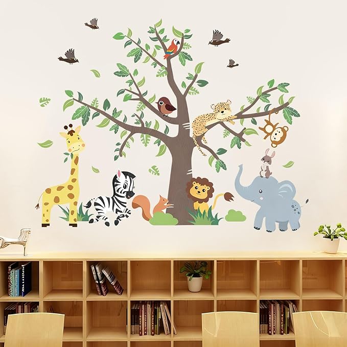 Jungle Animals Wall Decals Removable Peel and Stick Window Clings 2-Sheet Set with Elephant, Lion Giraffe Design for Kids Room, Nursery Classroom Decor
