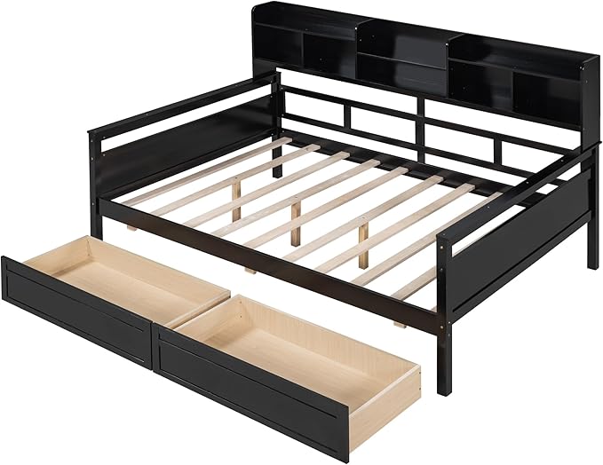 Harper & Bright Designs Full Daybed with Storage, Wooden Full Size Bed Frame with Bookcase Headboard and 2 Drawers, Full Sofa Bed with Shelves for Living Room Bedroom, No Box Spring Need, Espresso