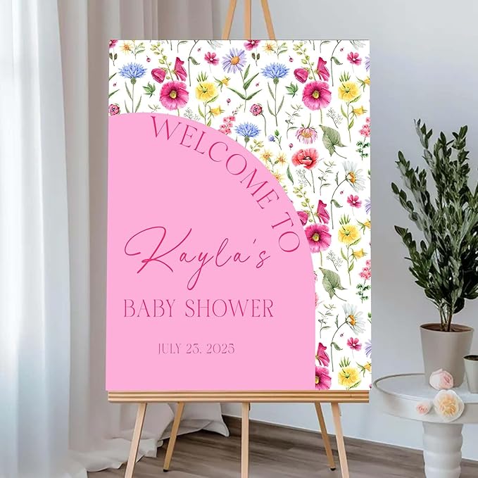 Personalized Half Floral Half Pink Baby Shower Welcome Sign for Girls - Wildflower Announcement Yard Sign - Unique Girl Baby Shower Entrance Decor