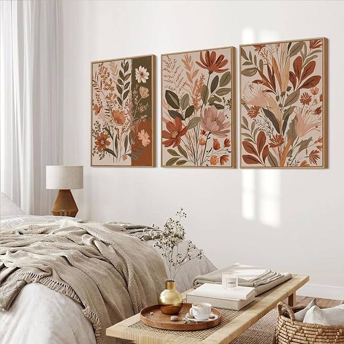 MTFBWY Framed Boho Botanical Wall Art Set of 3 – Earth Tone Floral Canvas Prints, Neutral Beige Abstract Flower Pictures for Home Living Room Bedroom Wall Decor, 16L x 12W