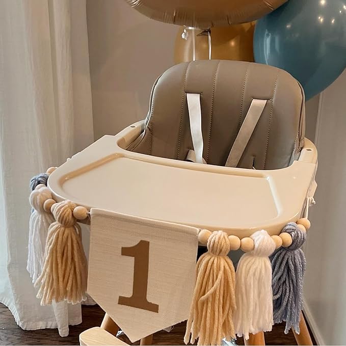 Boho Blue Handmade 1st Birthday High Chair Banner First Highchair Banner For Baby Boys Wild One Wall Hangings Wood Bead Tassel Garland 1 Birthday Party Decorations Photoshoot Props Photo Props