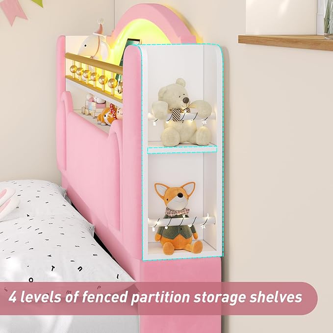 Full Size Bed Frame with Storage Headboard, Platform Bed Frame Full with LED Lights and Charging Station, Velvet Princess Bed for Girls/Kids, No Box Spring Needed/Noise-Free/Easy Assembly,Pink