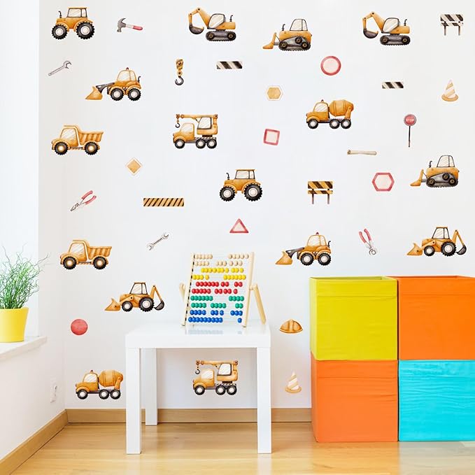 Construction Vehicle Wall Stickers, Watercolor Excavator Bulldozer Crane Truck Vinyl Wall Decals, Removable Engineering Car Artwork Wall Art for Boys Bedroom Playroom Decor