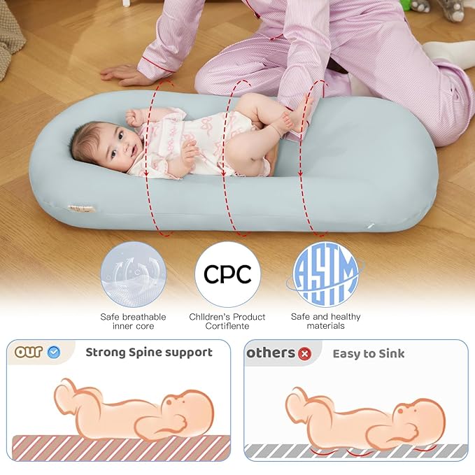 Lucakuins Baby Lounger, Bionic Design Baby Lounger for Newborn 0-24 Months, Soft Organic Cotton Breathable Lounger for Infants (Grayish Blue Baby Lounger)