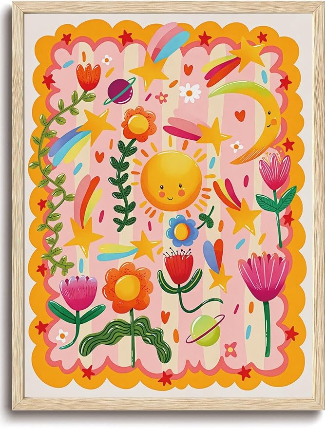 KISSFOX Framed Wall Art Nursery Wall Decor Floral Pictures Kids Cute Flower Canvas Art Sun Moon Stars Paintings Whimsical Celestial Artwork For Children Boys Girls Room Playroom