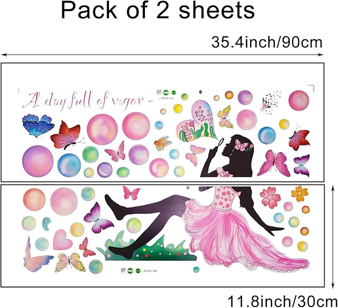 Fairy Girl Blowing Bubble Wall Decal with Colorful Flying Butterfly and Flower Wall Sticker 42.5x37.4inch Removable Self-adhsive Vinyl Wallpaper for Kids Bedroom Nursery Home Decors